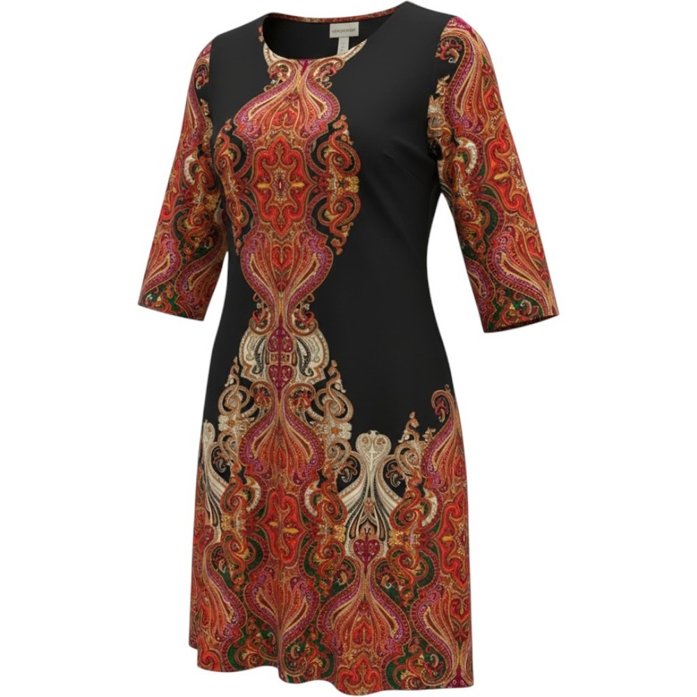 (B4) Catherines 3X Black Red Paisley Print 3/4 Sleeve Sheath Dress Plus Size